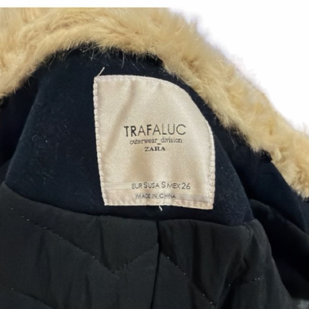 Zara Trafaluc Black Double Breasted Wool Pea Coat Faux Fur Collar Navy Blue Sz S - Picture 4 of 10